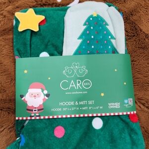 🆕️🎄 CARO kids Christmas Tree Bath Hoodie Towel and Mitt Set